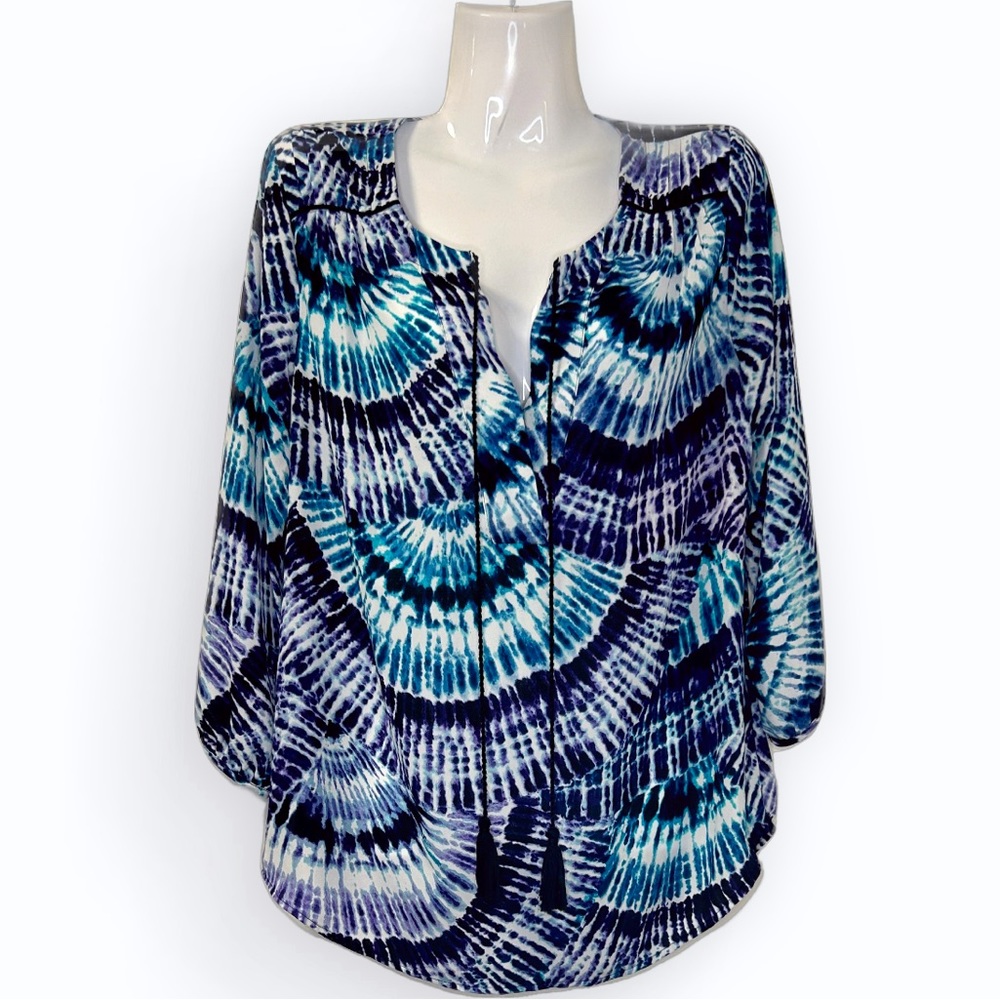 Zac & Rachel Blue, Purple and White Tie Dye Pattern Blouse Tassel Tie Boho